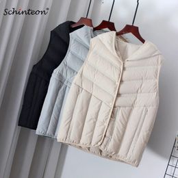 Women's Vests Schinteon Women Ultra Light White Duck Down Sleeveless Vest with Hood Korean Style Autumn Winter Gilet Top Casual Waistcoat 231118