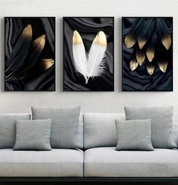 3 Panels Canvas Painting Wall Posters and Prints Black white gold feather HD Wall Art Pictures For Living Room Dining Restaurant H9471788