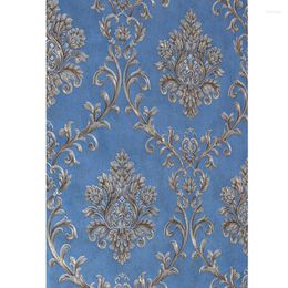 Wallpapers European Luxury Blue Damask Wallpaper Roll 3D Embossed Non-woven Thickened Paper Wall Decor For Living Room Bed