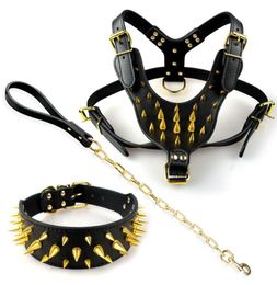 Gold Spikesd Leather Dog Pet Pitbull Harness Studded Collar Chain Leash Set for Large Dogs3299541