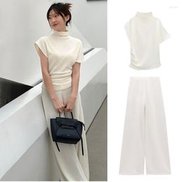 Women's Two Piece Pants COS LRIS Spring Women's French White Half-high Collar Short-sleeved Sweater High Waist Soft Wide-leg Trousers
