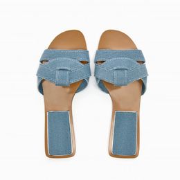 Flat TRAF Blue Denim Slider For Women Summer Round Toe Beach Slippers Female Outdoor Slip on Flats Sandals s