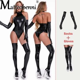 Hot Faux Leather Bondage Bodysuits Teddy Lingerie Women Erotic Bodysuit With Gloves And Socks Sexy Nightwear Costumes
