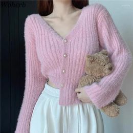 Women's Knits Vintage Knitting Cardigan Jackets For Women 2023 Ropa Mujer Korean Fashion Pull Femme V-neck Sweet Button Cropped Sweater Tops