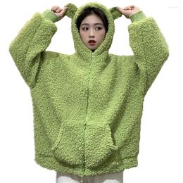 Women's Hoodies Autumn Winter Women Avocado Colour Zip-up Sweatshirt Kawaii Fleece Faux Fur Long Sleeve Hooded Teddy Bear Ears Soft