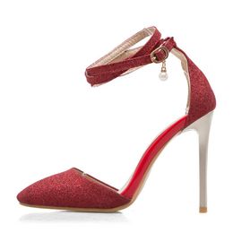 Dress Shoes 2023 Women Heels Summer Sandals Pointed Toe Party Fashion Sliver Stilettos Woman Ankle Strap Bridal Shoe 50