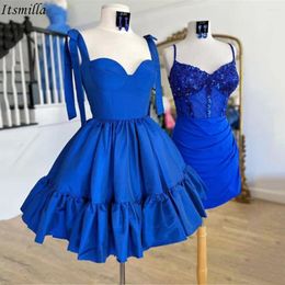 Party Dresses Itsmilla A-line Short Satin Homecoming With Bow Straps Royal Blue Sweetheart Gowns Ruffle Hem Graduation Dress