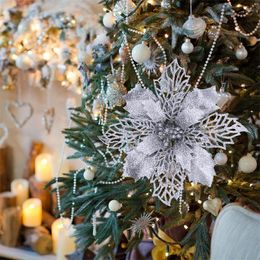 Christmas Decorations 1-5pcs Golden Sliver Flower Tree Glitter Artificial Pendants Xmas Wreath Decor For Home Year