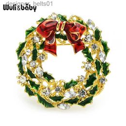 Pins Brooches Wuli baby New Year Christmas Flower Wreath Brooches For Women Men Rhinestone Bowknot Flower Brooch Pins GiftsL231120