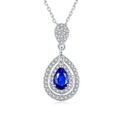 Water Drop Pendant Necklace S925 Silver Micro Set Zircon Sapphire Necklace European Women High end Collar Chain Wedding Party Versatile Fashion Jewellery Gift SPC