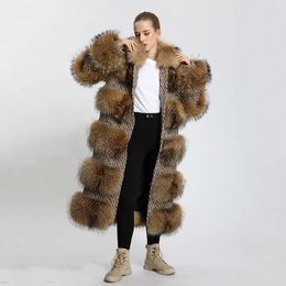 女性の毛皮のフェイクコート冬xlong風力発電暖かいウール天然アライグマジャケットオーバーニー女性MJFFC40 231118