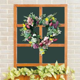 Decorative Flowers Heart Wreath 16 Inch Spring Artificial Floral Garland With Green Eucalyptus Leaves For Front Door Wall Farmhouse Decor