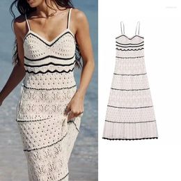 Casual Dresses 2023 Hook Flower Hollow Knitted Beach Dress For Women Summer Fashion Sleeveless Maxi Sling Female Sexy Midi