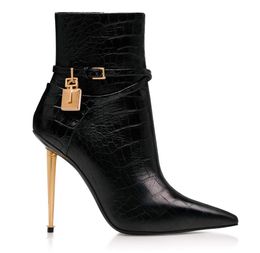 New Winter Elegant Women's Black Padlock Leather Ankle Boots Black Calf Leather Pointed Toe Key Booties Lady tom fords High Heels Party Dress Fashion Woman Boot Box