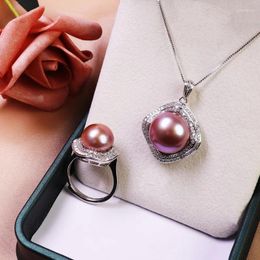 Necklace Earrings Set Elegant Women's Freshwater Pearl Pendant Ring Two-Piece