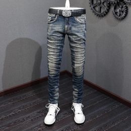 Men's Jeans Fashion Designer Men High Quality Retro Washed Blue Elastic Slim Fit Ripped Vintage Casual Denim Pants Hombre