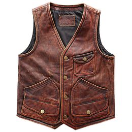 Men's Vests Genuine Leather Waistcoat Coat Men Oversized Cowhide Mens Weskit Slim Fit Big and Tall Man 4XL European American 230420