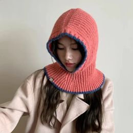 Beanie/Skull Caps Dopamine Sweet Balaclava Hats for Women Winter Warm Personality Contrasting Colour Edge Seal Scarf Knitted Beanies Cap 231118