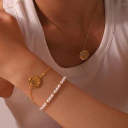 Charm Bracelets INS Trendy 18K Gold Plated Stainless Steel Glass Stone Sun Moon Coin Pendant Necklace Bracelet For Women Texture Collar