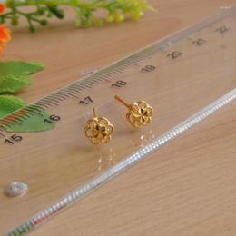Stud Earrings Solid Pure 24Kt Yellow Gold Women Mini Hollow Flower 0.8-1g 6mmW