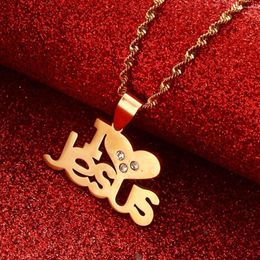 Pendant Necklaces Heart I Love Jesus Chain Neckalces Women Girls Gold Color Christian Religious Ornaments Cross