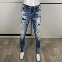 Men's Jeans Street Fashion Men High Quality Retro Washed Blue Stretch Slim Fit Ripped Painted Designer Hip Hop Brand Pants