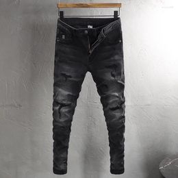 Men's Jeans High Street Fashion Men Retro Black Gray Stretch Slim Fit Ripped Spliced Designer Hip Hop Biker Pants Hombre