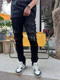 Men's Jeans 2023 Casual Fashion Blue Distressed Holes Patch Knee Hole Ripped Black Skinny High Street For Men