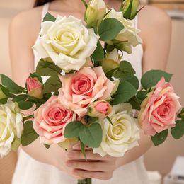 Decorative Flowers & Wreaths Artificial Rose Fake Silk Flower Bouquet Leaf Bridal Wedding Party Decor Beautiful Scrapbooking Crafts Garden H