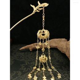 Hair Clips Gold-Plated Handmade Filigree Inlaid Pisces Ancient Style Han Chinese Clothing Step Shake Clasp Double-Sided Long Fringe