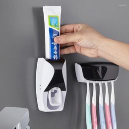 Bath Accessory Set Plastic Toothbrush Storage Rack Holder Automatic Toothpaste Dispenser Dustproof Wall Mounted Squeezer Bathroom