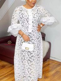 Ethnic Clothing White African Elegant Dresses for Women Hollow Out Muslim Fashion Abayas Dashiki Robe Kaftan Long Maxi Dress 230419