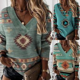 Women's T Shirts Women's Loose Tops Western Ethnic Printing V Neck Long Sleeves Casual T-Shirts Retro Oversized Sweatshirts