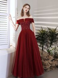 Elegant Wine Red Cocktail Dress Lace Party Vintage Boat Neck Sequined Off Shoulder Bride Celebrity A Line Long Evening Gowns 2023