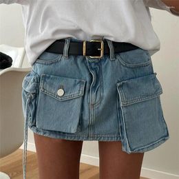 Skirts Fashion Denim Mini Skirt Without Belt Women Cargo Style High Waist Multi Pockets Jeans Summer Streetwear Matching Outfits