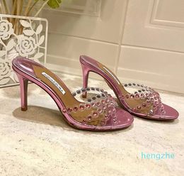 crystal embellished strap high-heeled slippers Rhinestone house slippers heeled sandals 35-42 With box