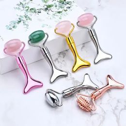 Rose Quartz Roller Zinc Alloy Metal Fish Tail Shape Guasha And Pink Jade Roller Beauty Skin Care Gua Sha Facial Massage Tool for Face and Body Treatment