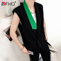 Men's Vests PFHQ Color Contrast Patchwork Design Street Casual Sleeveless Vest High Quality Trendy 2023 Summer Stylish Waistcoat 230420