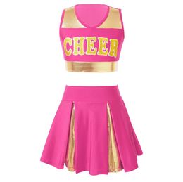 Cheerleading Kids Girls Cheer Uniform Cheerleader Dance Costume Sleeveless V Neckline Letter Print Crop Top with Elastic Waistband Skirt 230420