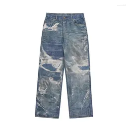 Men's Jeans Firmranch Laser Printing Fancy Blue Unusual For Men Women Straight Baggy Denim Pants 4 Season Wearing