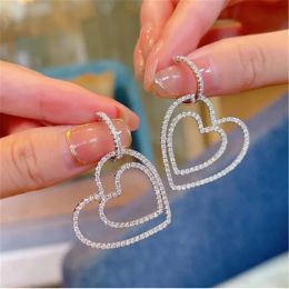 Stud double heart dangle earring tibetan silver S925 Party Wedding Drop Earrings for Women Bridal Engagment Promise Jewelry Gift