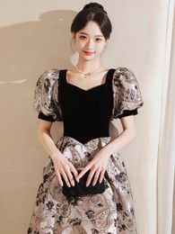 Runway Dresses Vintage Celebrity Dress Print Applique Square Collar Puff Sleeve A Line Floor-Length Zipper Wedding Party Prom Gowns Woman
