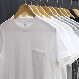 Men's T-Shirts 260g Heavy Weight Men's T-Shirt Summer Retro Simple Handsome Chic Casual Soft Solid Color Cotton Pocket Short Sleeve O-Neck Tees 230420
