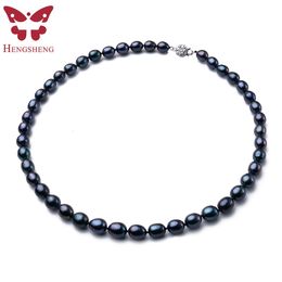 Strands Strings Arrival 8-9 mm Natural Freshwater Black Pearl Jewelry Necklace 925 Sterling Silver Flower Buckle Fine Jewelry For Women 230419