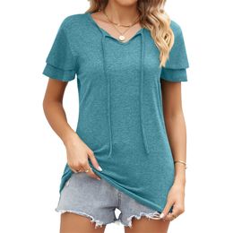 Womens TShirt Fashion Double Layer Petal Sleeve Loose V Neck Splice Band Pullover Tees Female Summer Urban Casual Top 230419