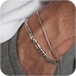 Link Bracelets Mens Bracelet 2pcs Set With Box Chain & Cuban Stainless Steel Jewellery Gifts For Men - Dad Boyfriend Husband.