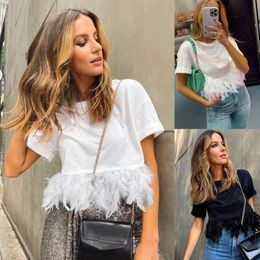 Women's T-Shirt Short Sleeve Feathers Crop Top Women Black Summer White Furry O-neck T Shirts Female Elegant Y2k Sexy Club Party Tops