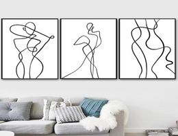 3pcsset Nordic Abstract Line Drawing Boay Art Canvas Painting Minimalist Black White Curve Figure Painting Wall Poster for liv7855184