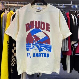 Designer Fashion Clothing Tees Hip hop TShirts Rhude Windsurf Sail Surf Print Bottom T-shirt Summer Loose Os Style Cotton Trendy Brand Streetwear Loose Sportswear