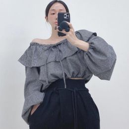 Women's Blouses 2023 Spring Women One Word Collar Ruffle Long Lantern Sleeve Short Female Vintage Sexy Tops Korean Blusas Plaid Shirts